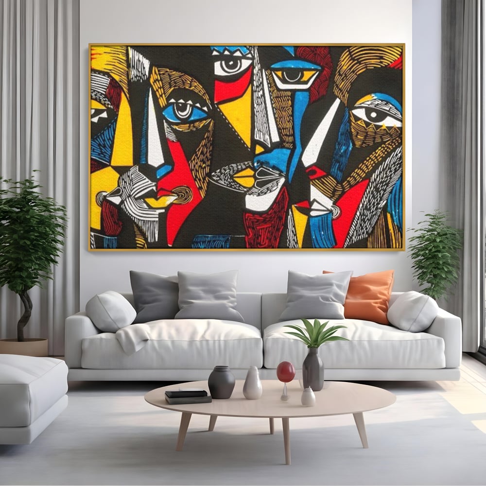 Tablou canvas cu tablou abstract cu fete colorate, in rama de aluminiu auriu, pe perete intr-un living
